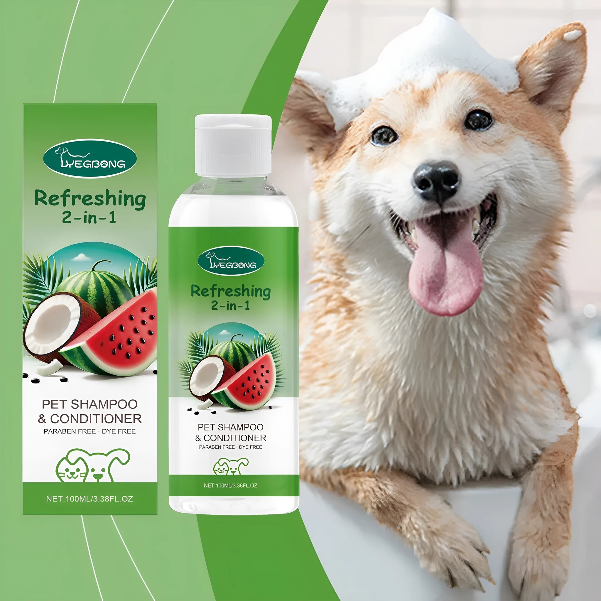 White bottle of pet 2-in-1 shampoo and shower gel, 100ml capacity, with label showing watermelon and coconut ingredients.