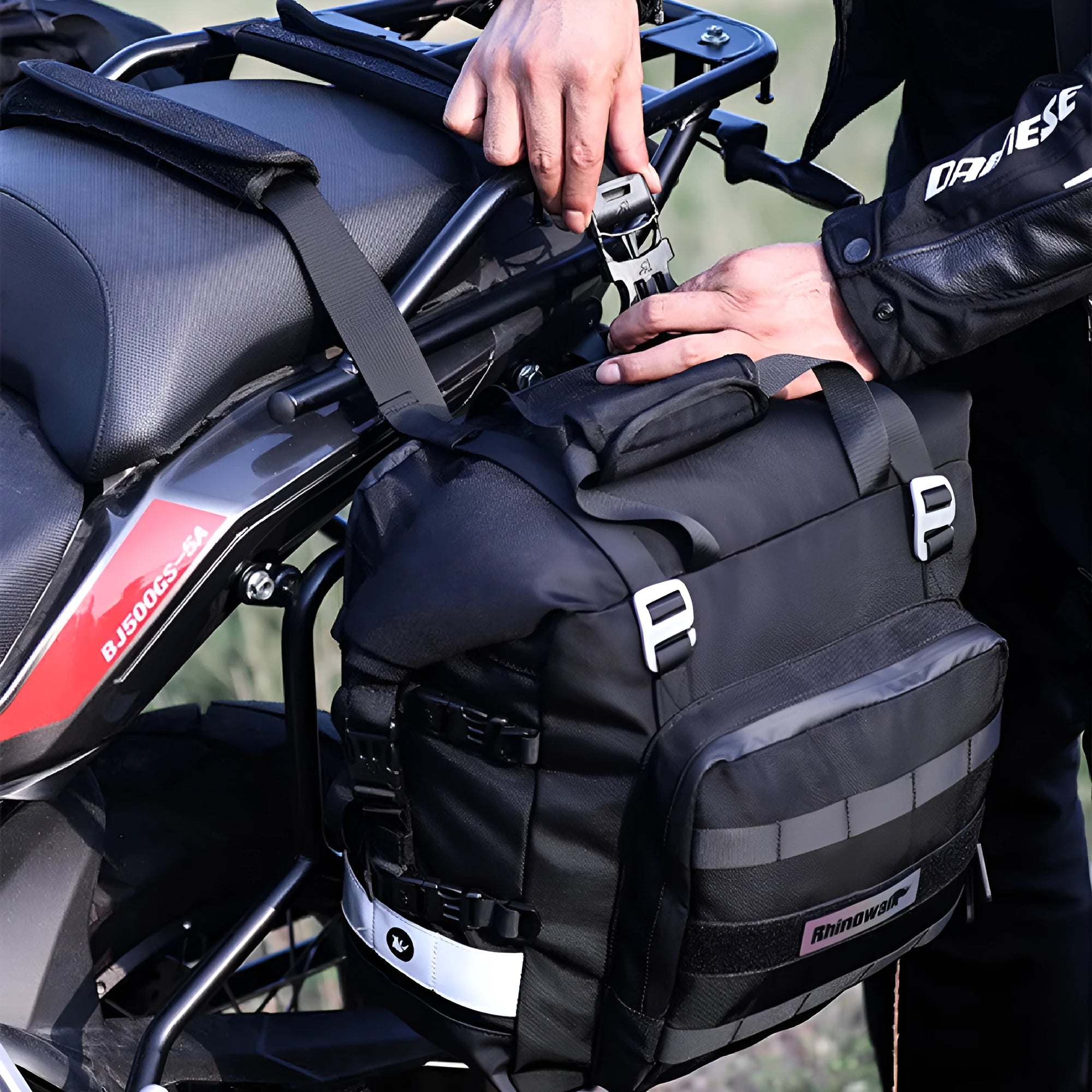 Motorcycle side bag with quick-release buckles shown in black and army green colours