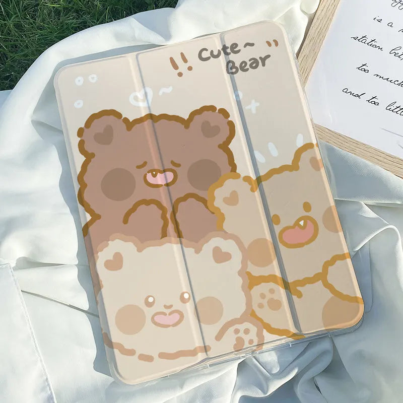 Rabbit cartoon design tri-fold silicone protective case for iPad tablet in stand position.