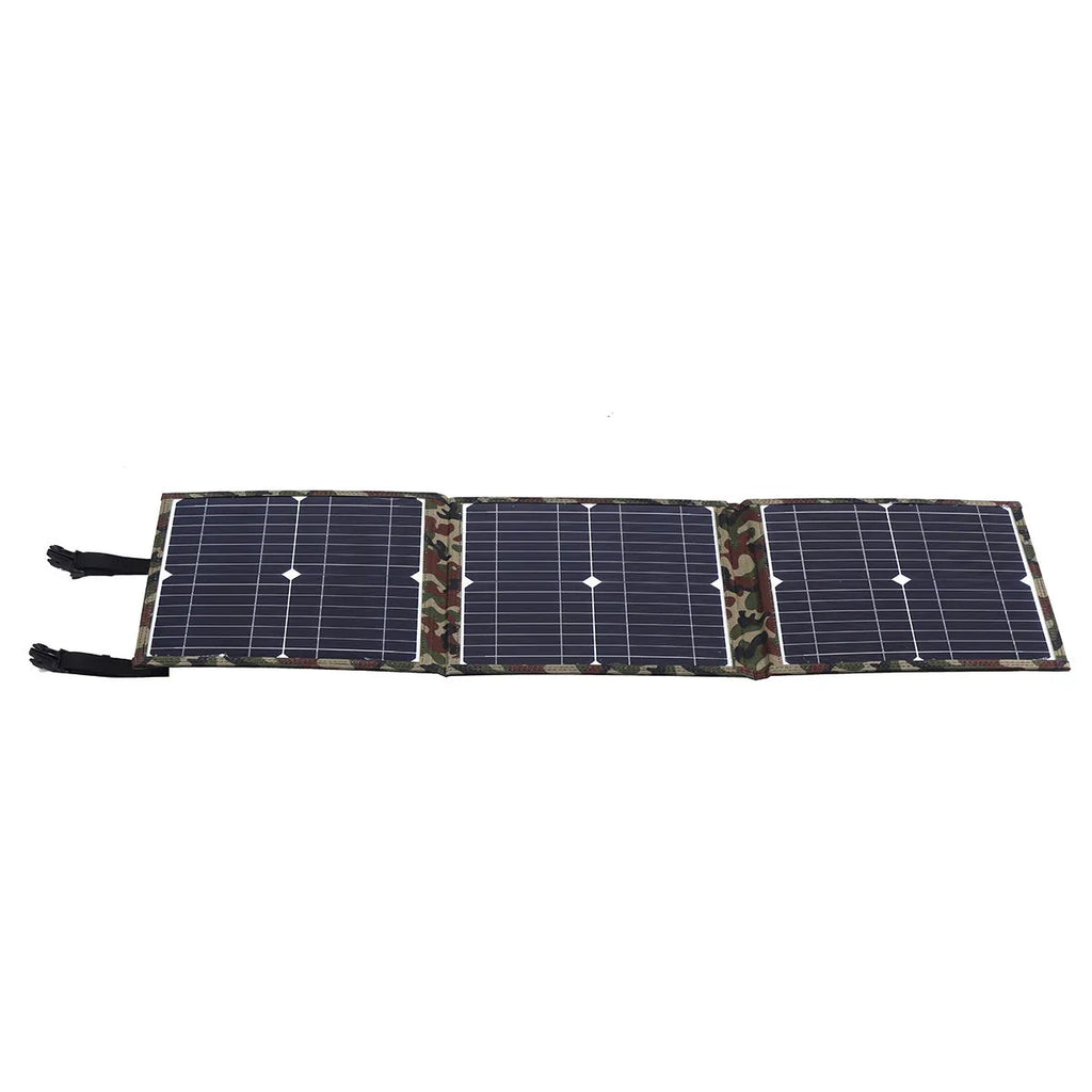 Black foldable 36W solar panel unfolded showing three monocrystalline silicon cells with charging accessories