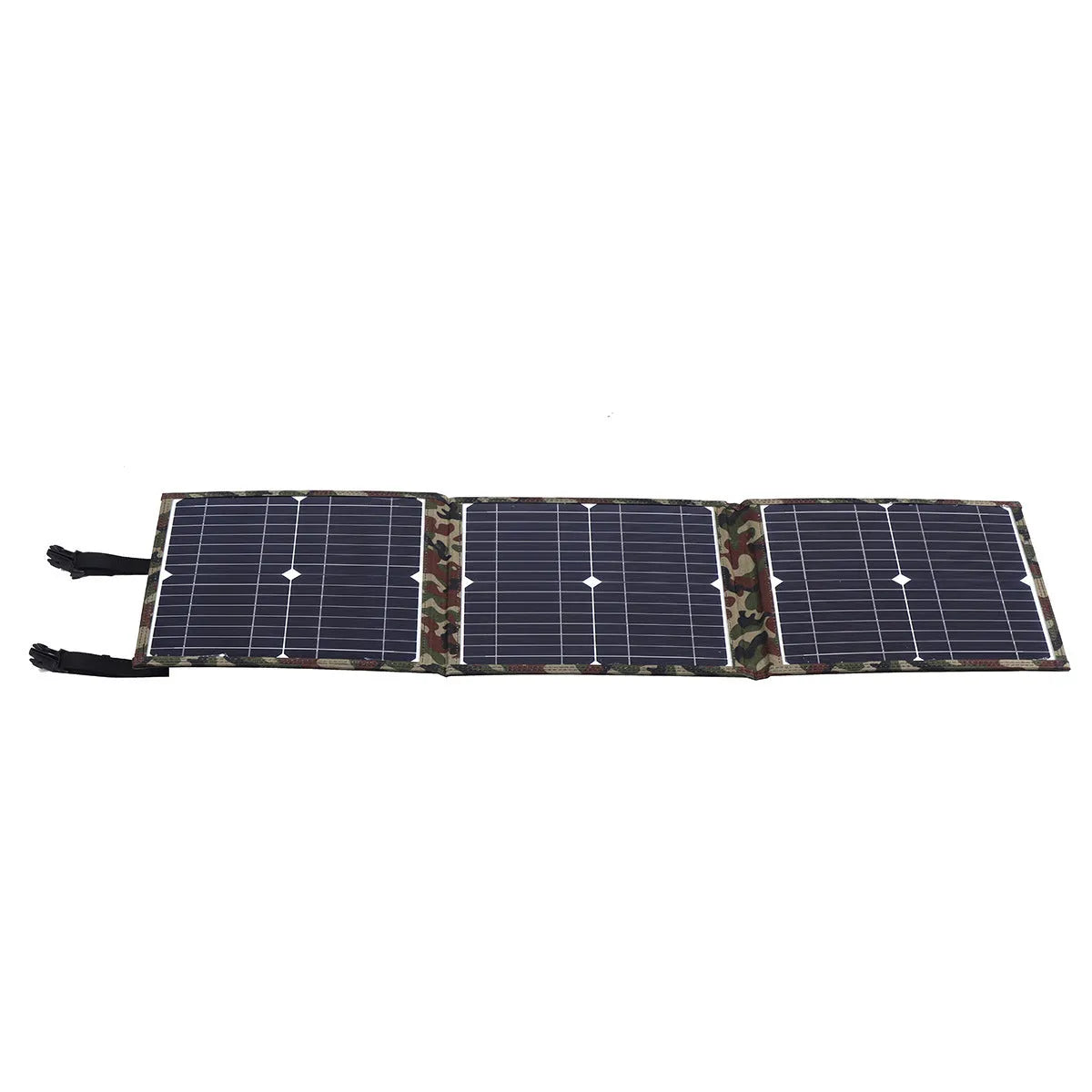 Black foldable 36W solar panel unfolded showing three monocrystalline silicon cells with charging accessories