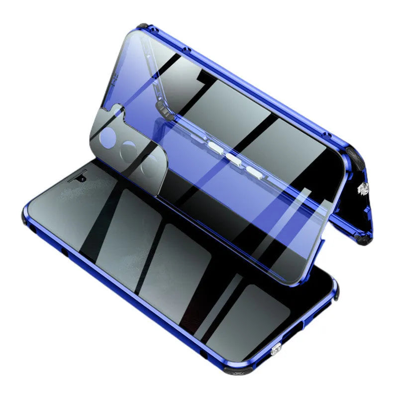 Black clamshell magnetic anti-peeping phone case for Samsung Galaxy phones, shown open and closed.