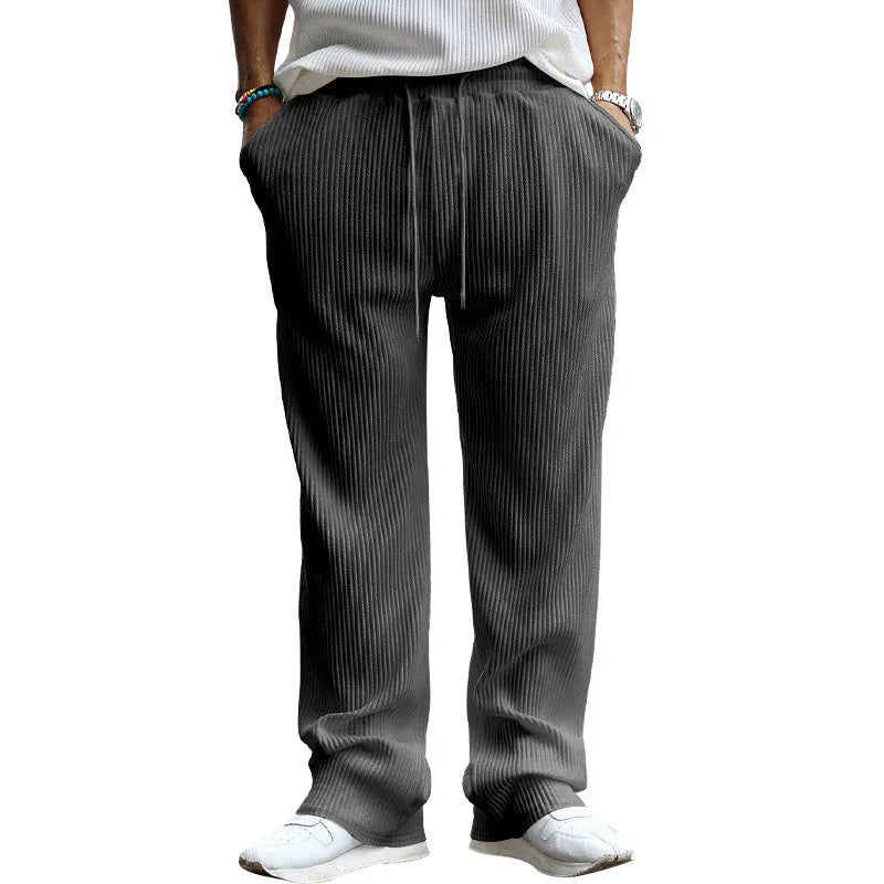 Men's loose fit high waist straight leg striped trousers in polyester fabric