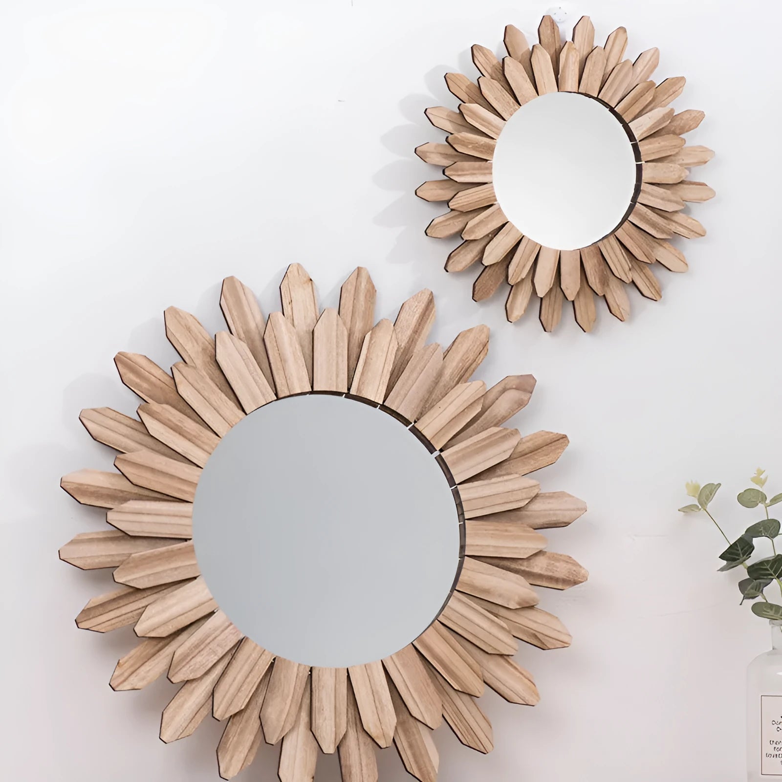 European-style round solid wood hanging mirror with a baked colour finish on a wall.