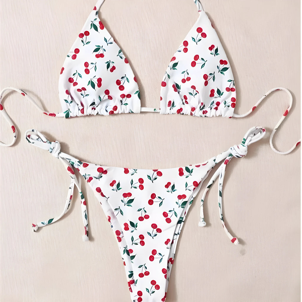 Women's split halter bikini swimsuit in solid colour with backless design and briefs style