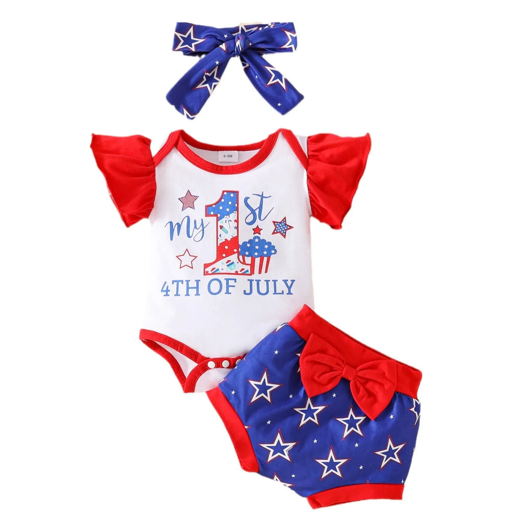 Baby sleeveless shorts suit three-piece set in red or blue polyester knit for infants 0-18 months