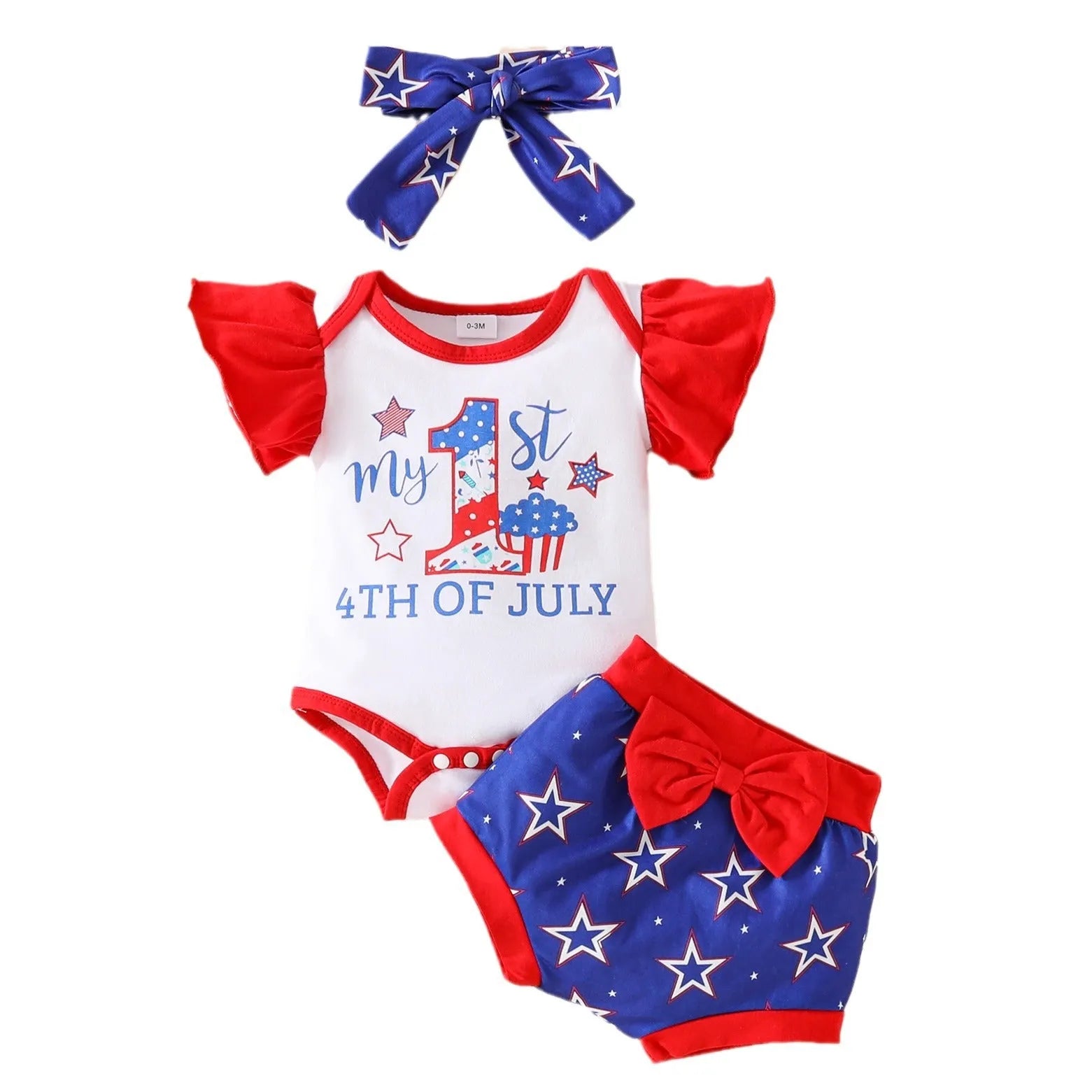Baby sleeveless shorts suit three-piece set in red or blue polyester knit for infants 0-18 months