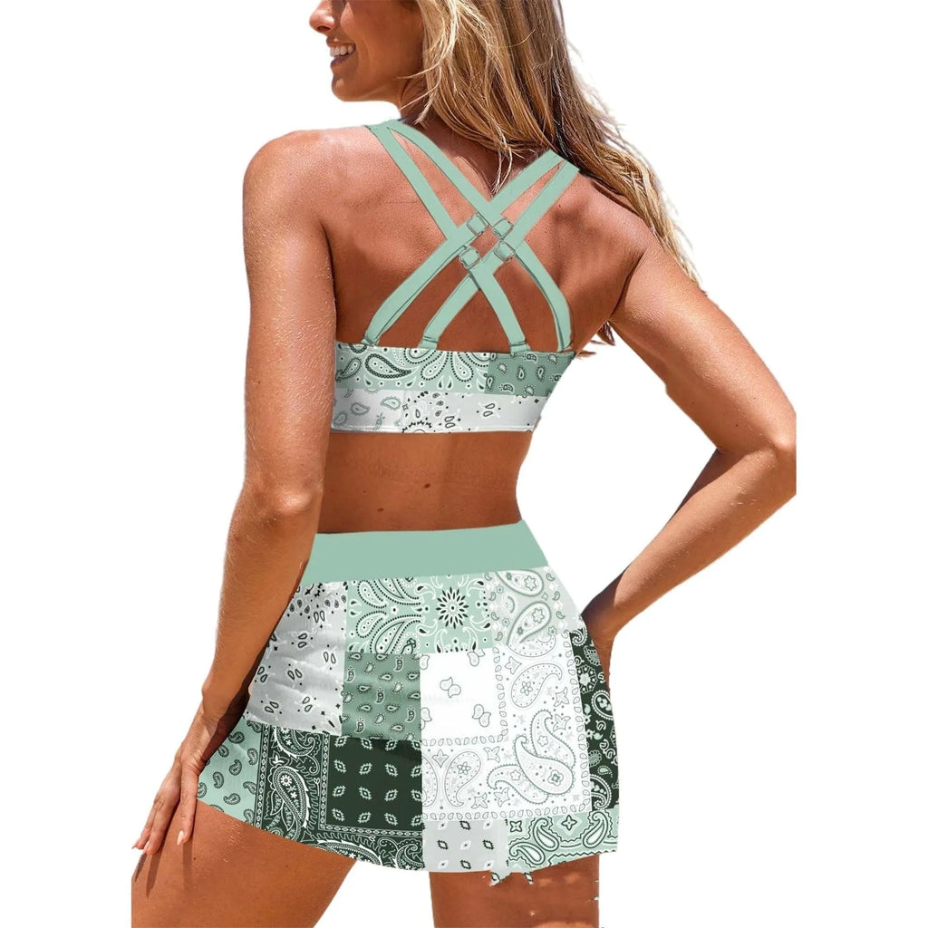 Plus size boxer bottom conservative split swimsuit in polyester, sleeveless, available in multiple colours and sizes S to 5XL