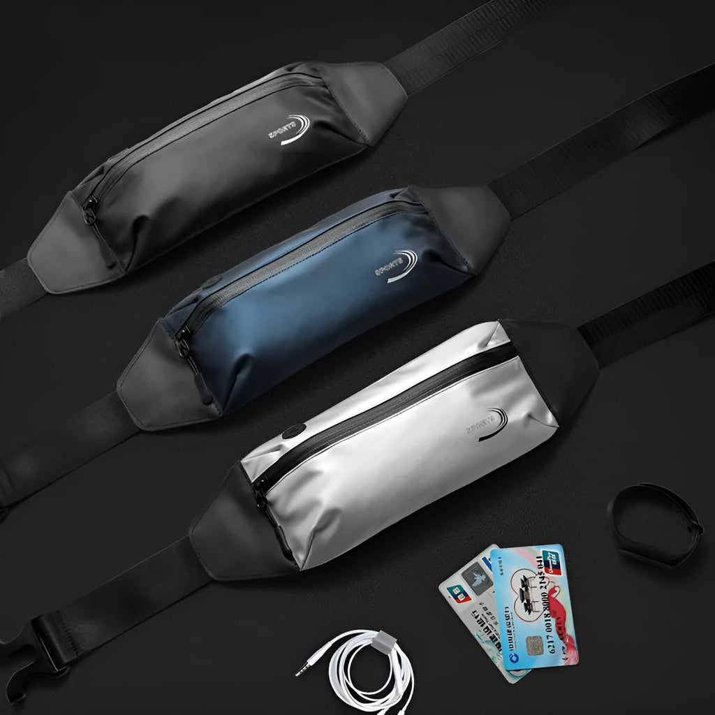 Men's black waterproof polyester waist bag with zip, shown at 45cm wide.