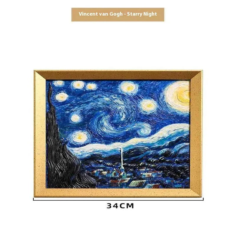 DIY filled oil painting craft kit with epoxy clay base, acrylic paints, and brushes for creating textured Van Gogh or Monet art reproductions.