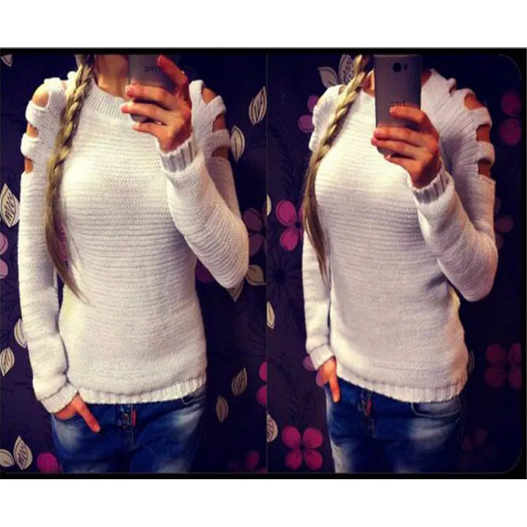 Women's grey crocheted shirt with hollow-out pattern and round neck.
