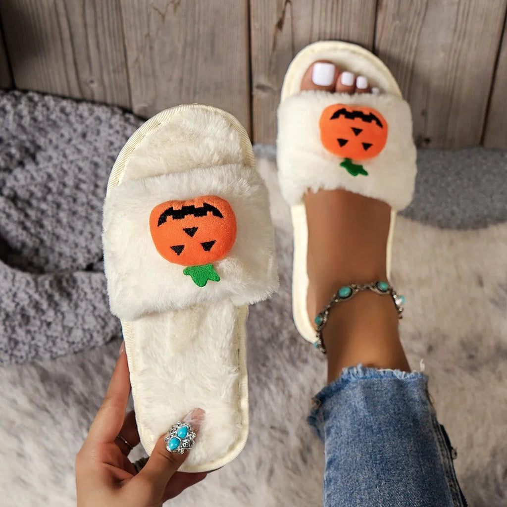 White and yellow Halloween pumpkin cartoon plush slippers with open toe design and anti-slip soles