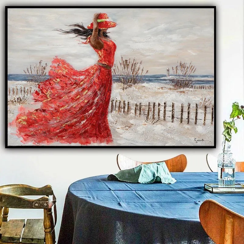 Hand-painted oil painting on canvas of a girl in a red dress, seaside abstract people design, rolled and unframed wall art.