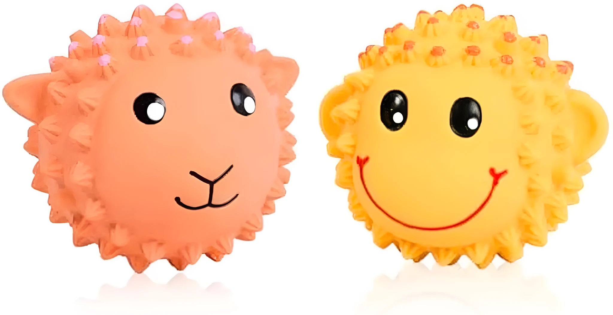 Set of four spiky orange and yellow latex squeaky animal dog toys for fetch and teeth cleaning.