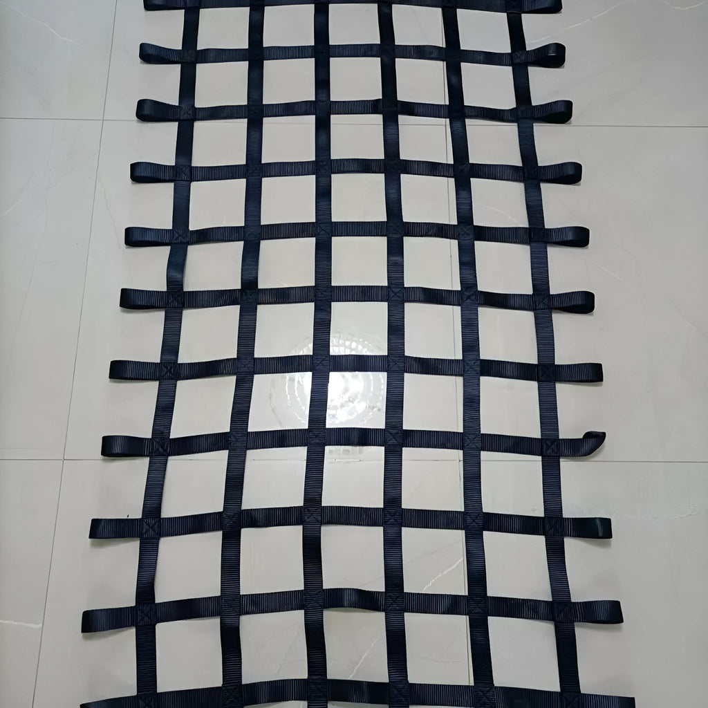 Black high density polyester children's rock climbing net with 1.5 inch ribbon webbing and 5x5 inch mesh