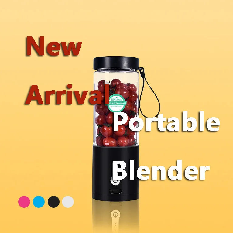 Portable hand-operated rechargeable blender with juice cup in black, white, blue, and rose red colours