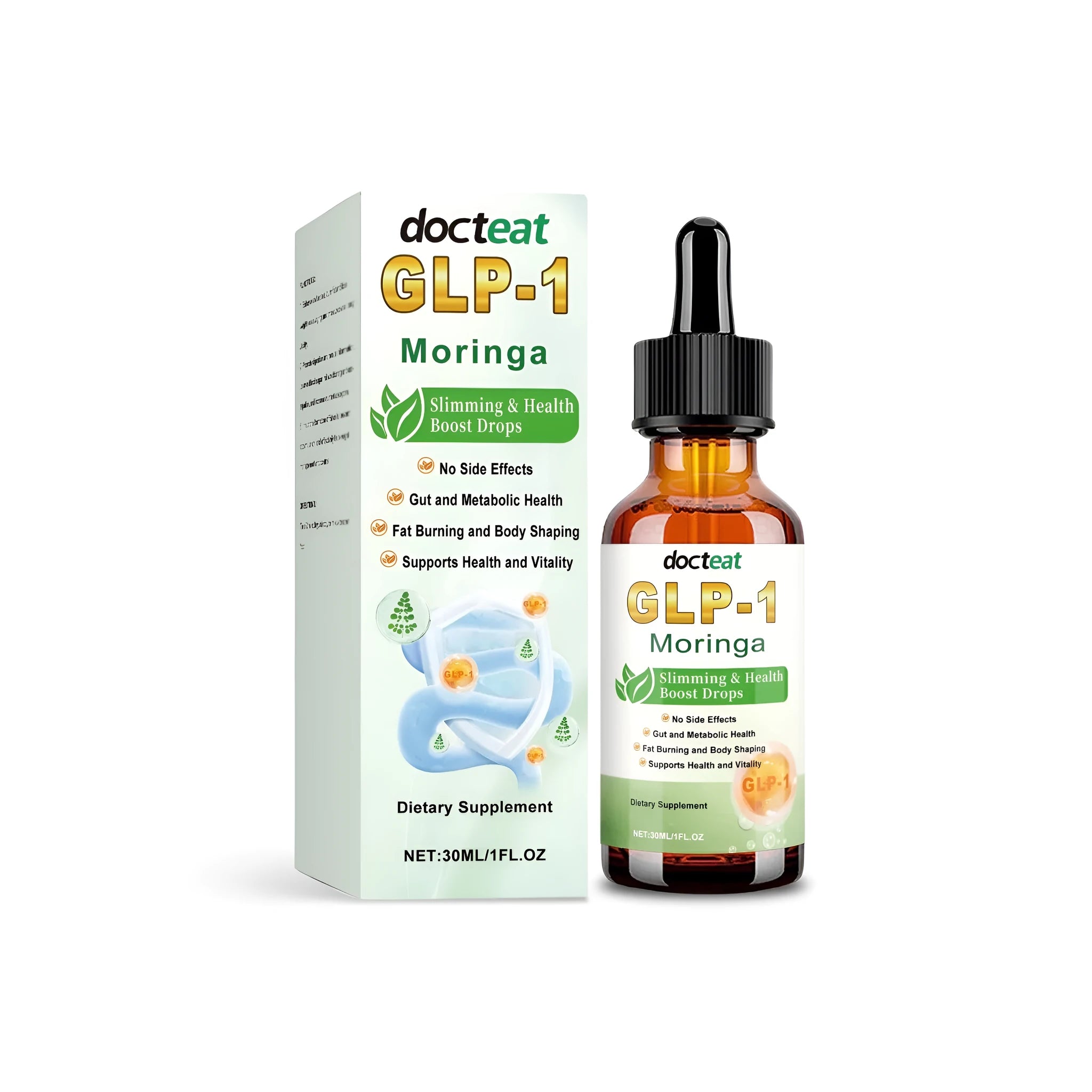 30ml glass bottle of slimming health boost liquid supplement drops with dropper.