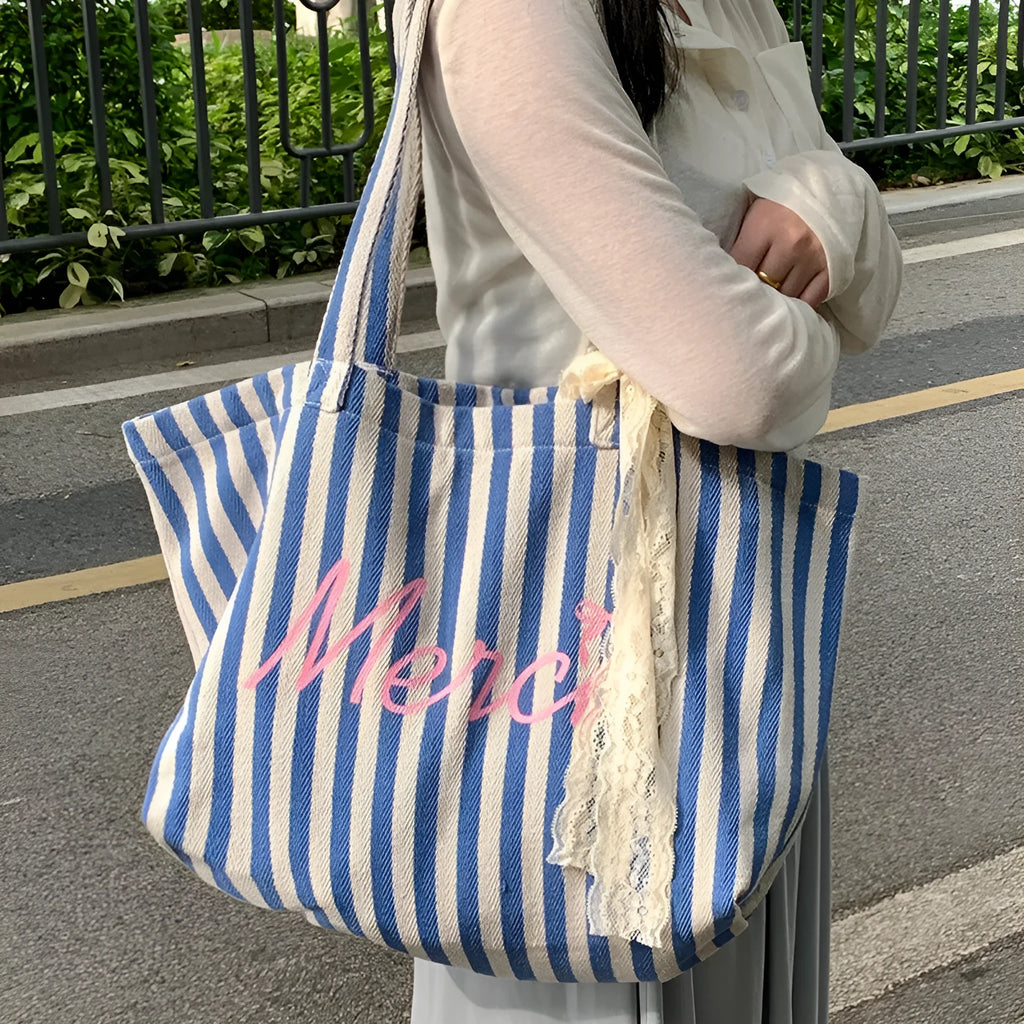 Blue striped letters printed canvas bag in pink blue and white stripes, cotton material construction