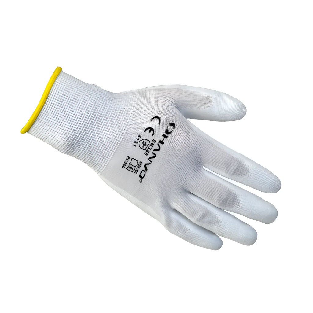 White PU coated labour gloves showing 24cm length and flexible construction
