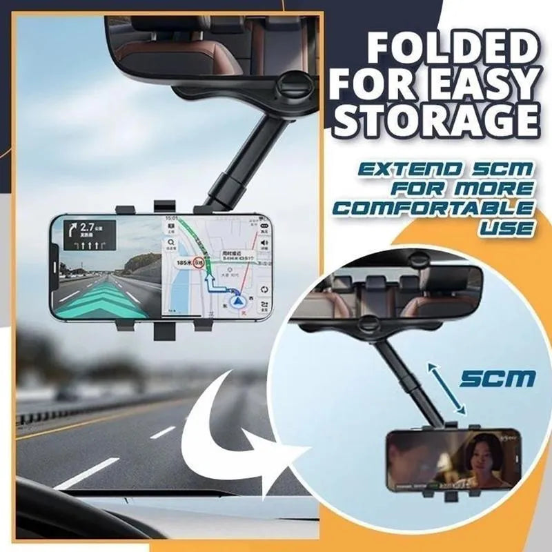 Black rearview mirror car phone holder extended, showing 360-degree rotation and four-claw phone grip.