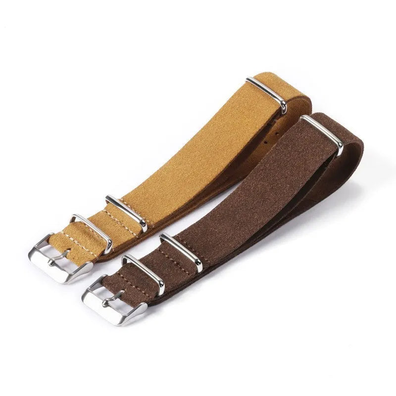 Genuine leather watch strap with velvet finish in brown, 20mm width, retro artistic style on display