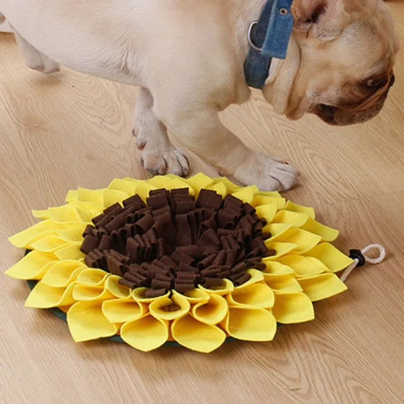 Yellow sunflower-shaped dog snuffle mat for slow feeding and nosework training