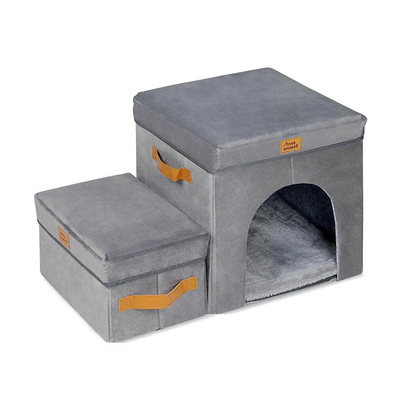 Foldable gray cloth pet storage stairs with two or three steps, placed next to a bed for dog access