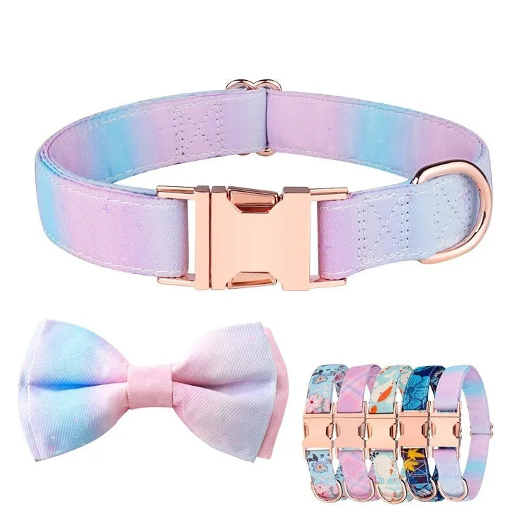 Polyester pet collar with decorative bow and rose gold buckle in multiple colour patterns