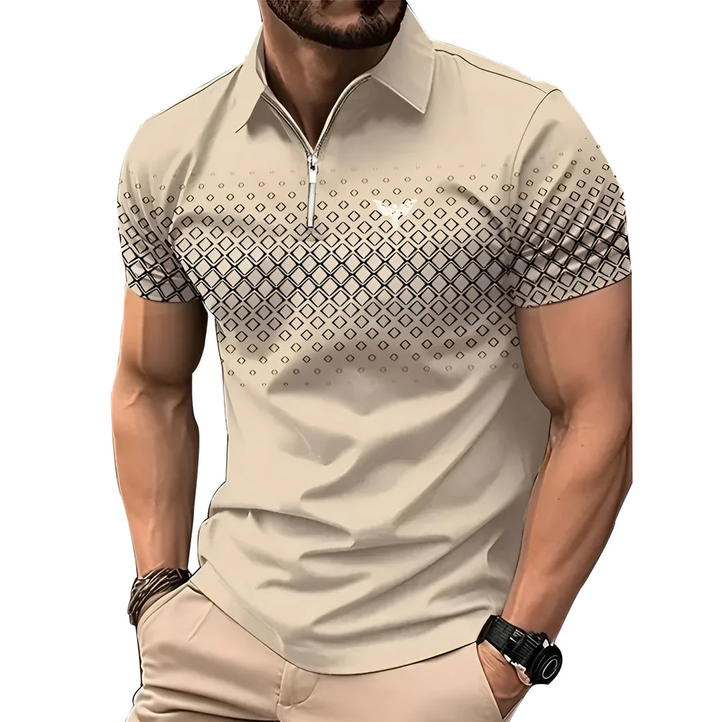 Men's striped rabbit fur sports short sleeve top with zipper decorations, loose fit, summer casual wear