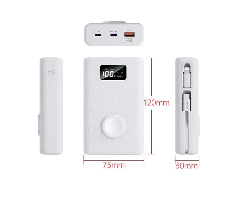 Black wireless power bank with charging bracket showing display screen and multiple USB ports