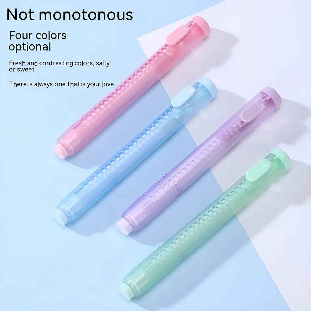 Push-type traceless automatic eraser for children in blue, green, pink, and purple colours.