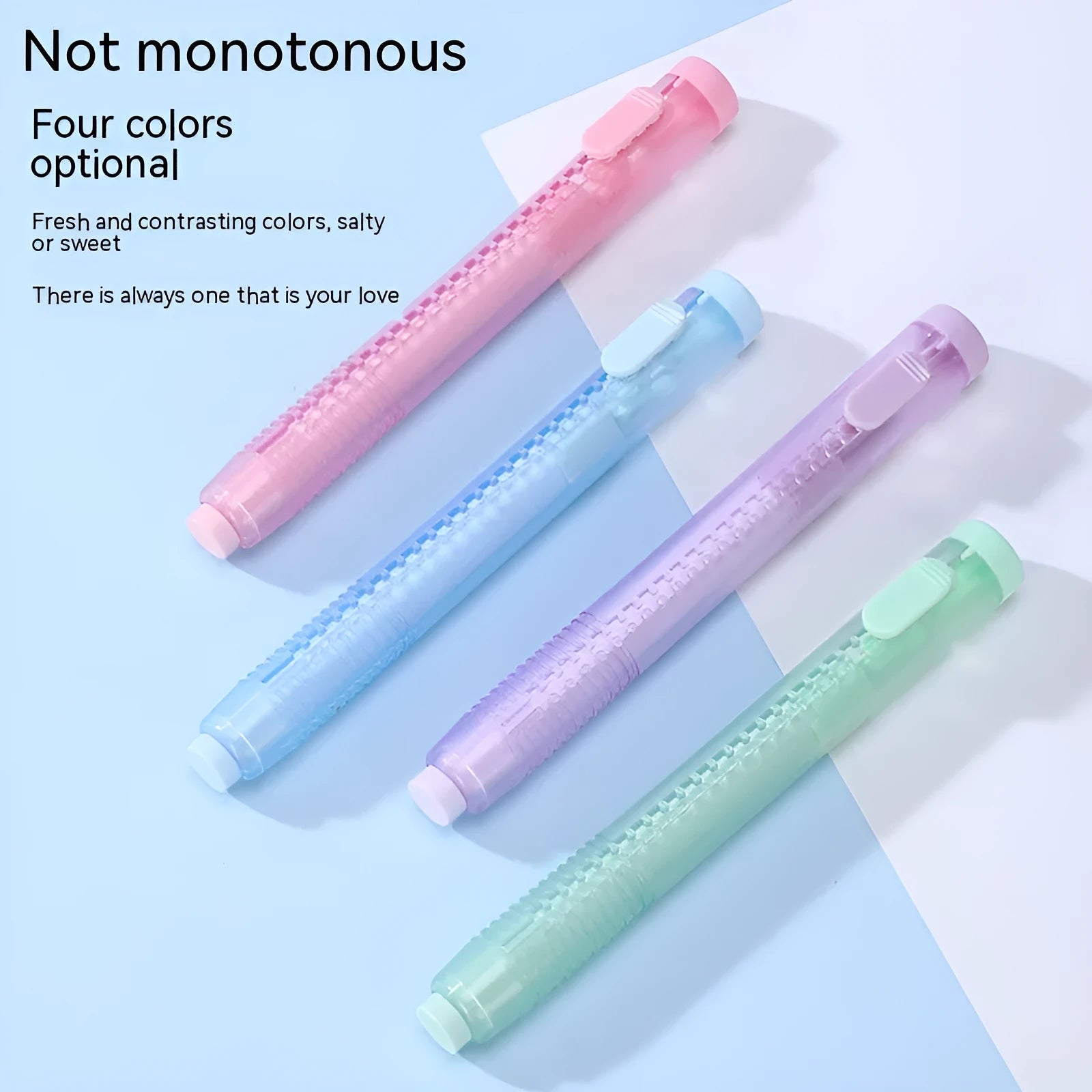 Push-type traceless automatic eraser for children in blue, green, pink, and purple colours.