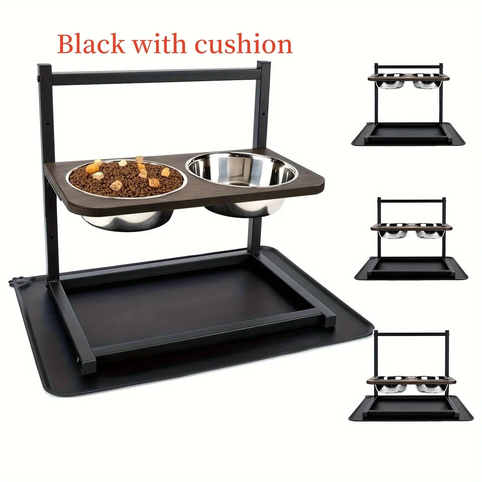 Black iron elevated dog bowl rack holding two separate pet food and water bowls