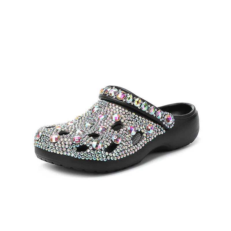 Black platform rhinestone hole shoes for women with EVA upper and injection-moulded sole, sizes 36-48