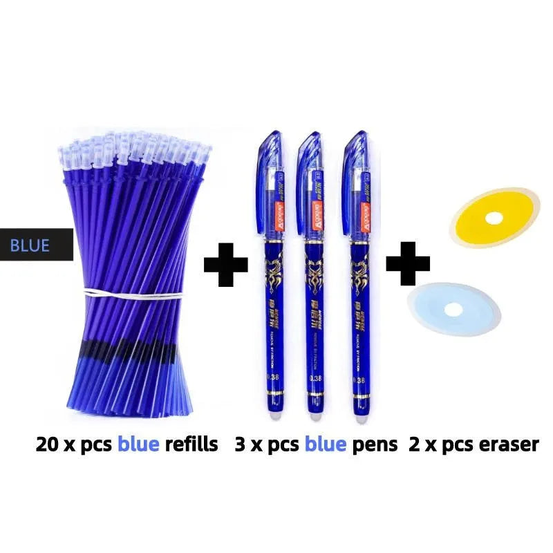 Hot erasable pen with 0.5mm tip in black, blue, and red colours showing refill and nib replacement components