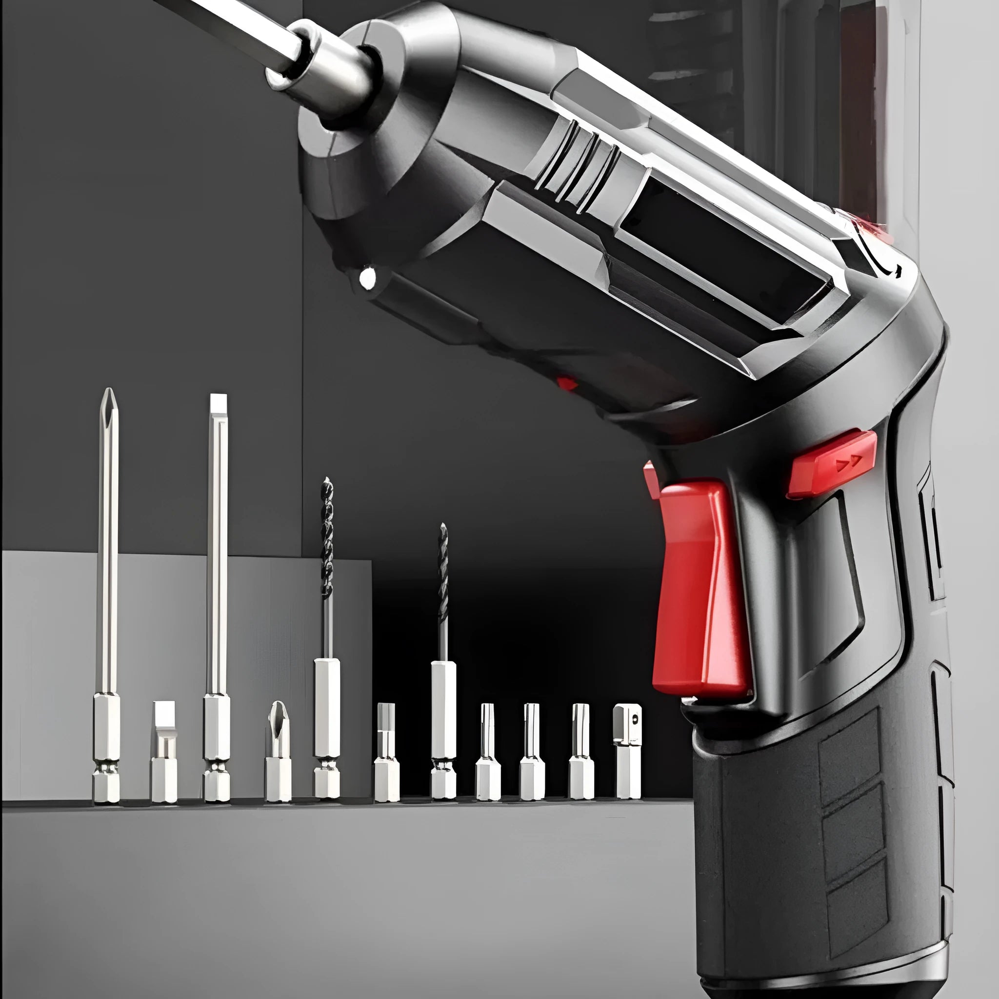 Compact lithium battery electric screwdriver with small gun design and included tool bag.