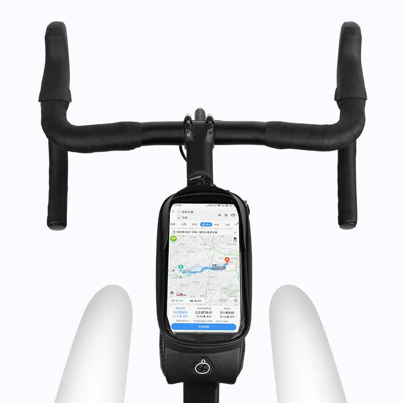 Black and grey EVA bicycle phone bag with reflective strip mounted on a bike frame tube