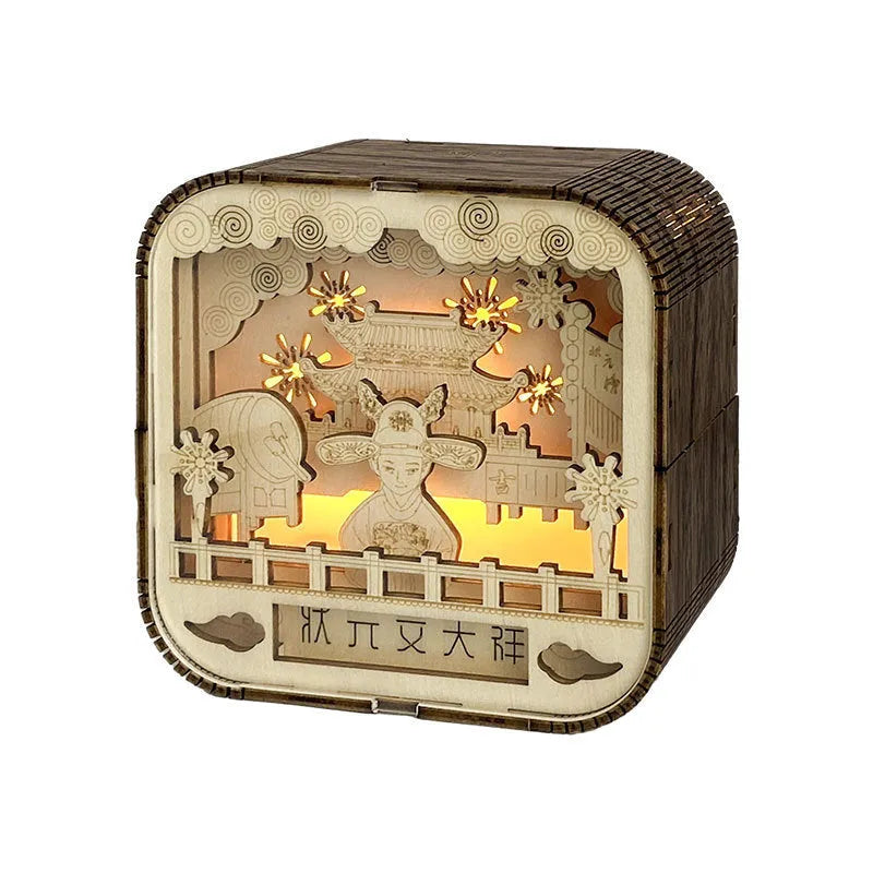 Wood carving lamp with geometric stereo design, wentianxiang pattern, 90x90x50mm, battery-powered night light