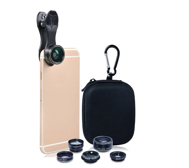 Black universal 5-in-1 smartphone lens kit showing wide-angle, macro, fisheye, telephoto and CPL lenses with clip and storage bag.