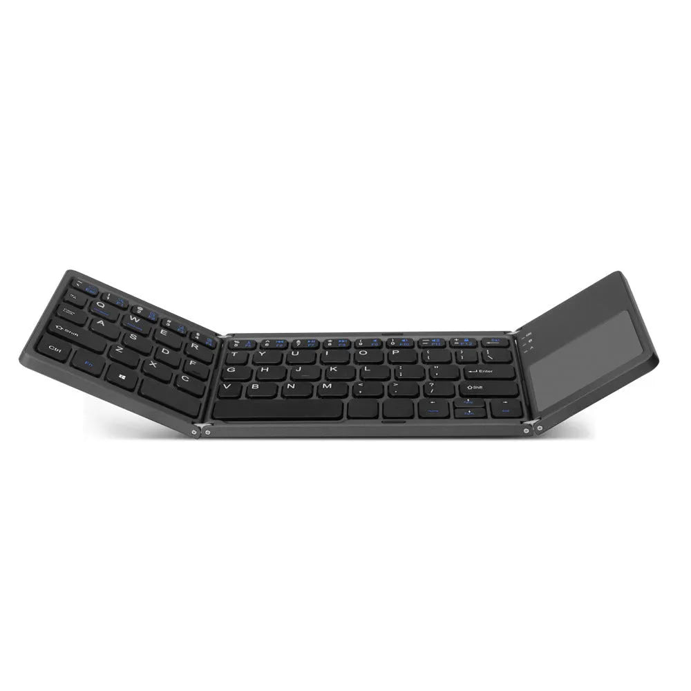 Ultra-thin tri-fold folding touch Bluetooth keyboard shown in both folded and open positions