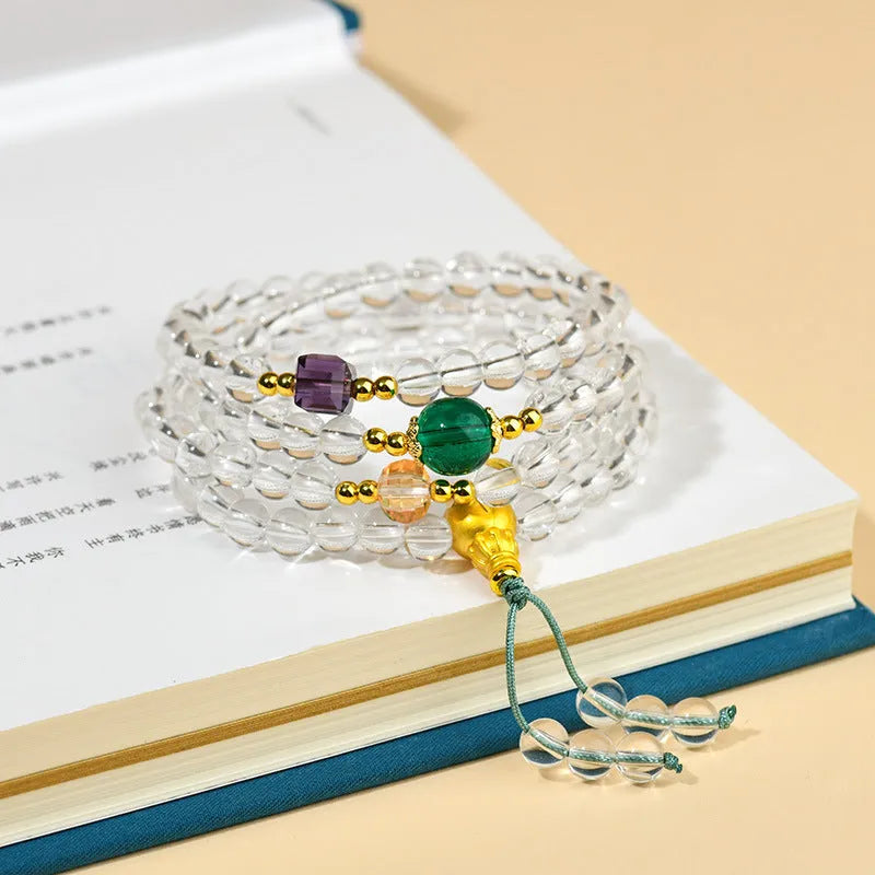White crystal 108 bead rosary bracelet with geometric ethnic style design