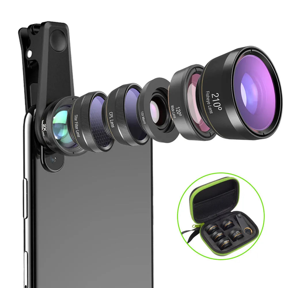 Black 6-in-1 smartphone camera lens kit with fisheye, wide-angle, macro, telephoto, CPL, and star filters next to universal clip.