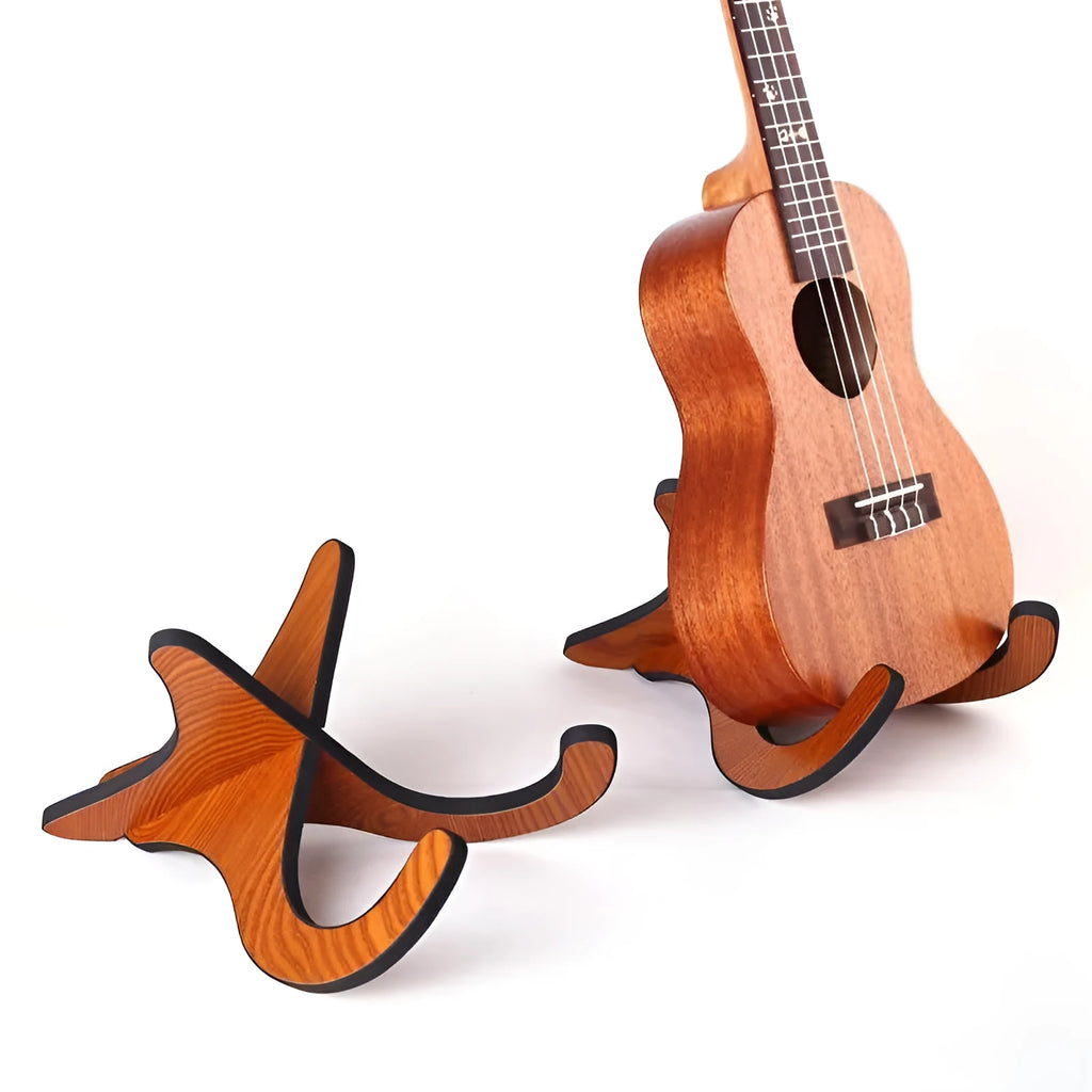Wooden folding ukulele stand with EVA anti-slip foam holding a ukulele upright