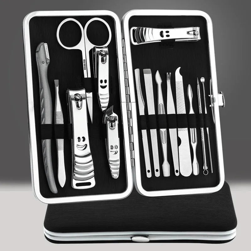 Pink 15-piece stainless steel manicure tool set in compact case with nail clippers and files