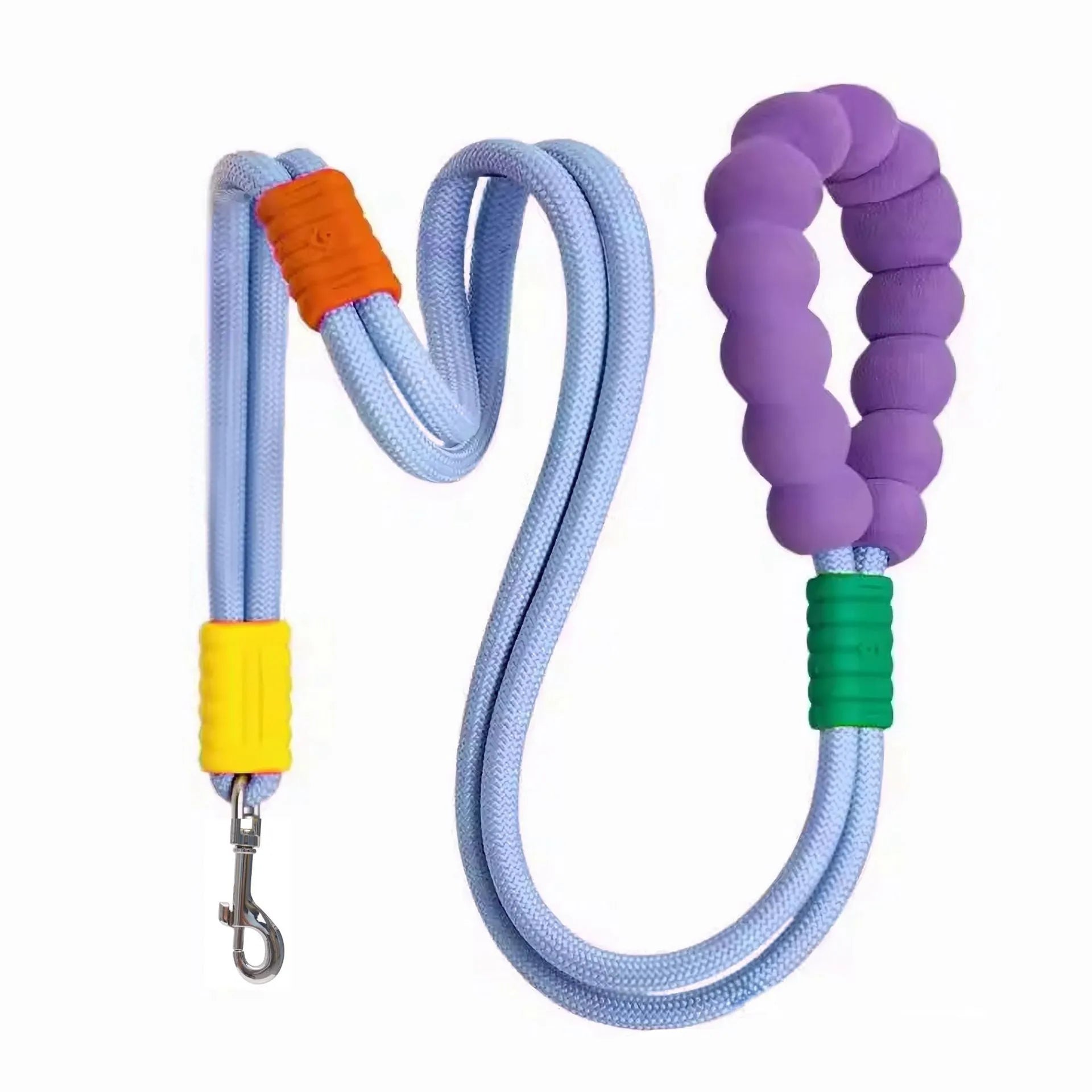 Nylon dog lead with foam handle showing black, light purple, sky blue and yellow colour options
