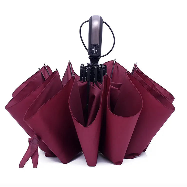 Black triple-fold automatic umbrella with palace-style canopy, shown open to demonstrate 110cm coverage.
