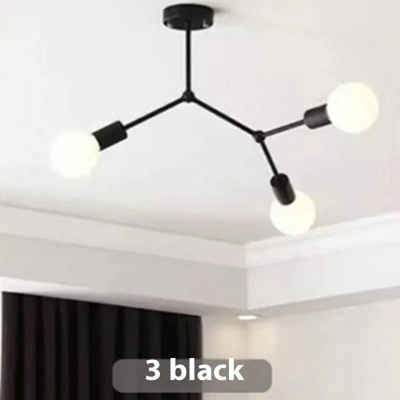 Minimalist black iron ceiling chandelier with six light heads in a Nordic style, against a white background.