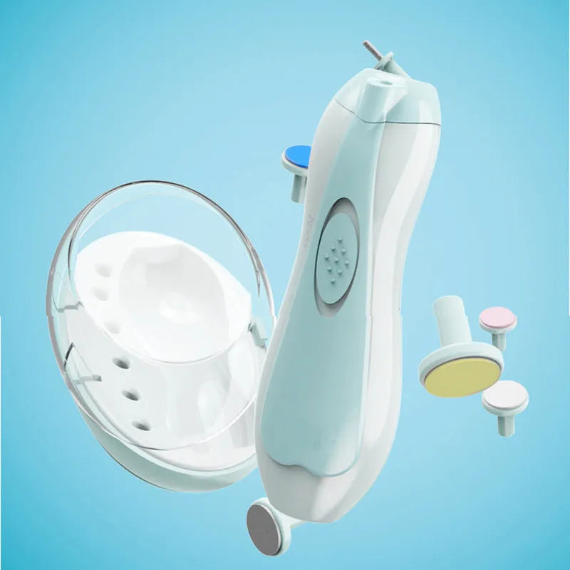 Ultra-quiet electric baby nail polisher pen in pink colour with filing head, for manicuring infant nails.