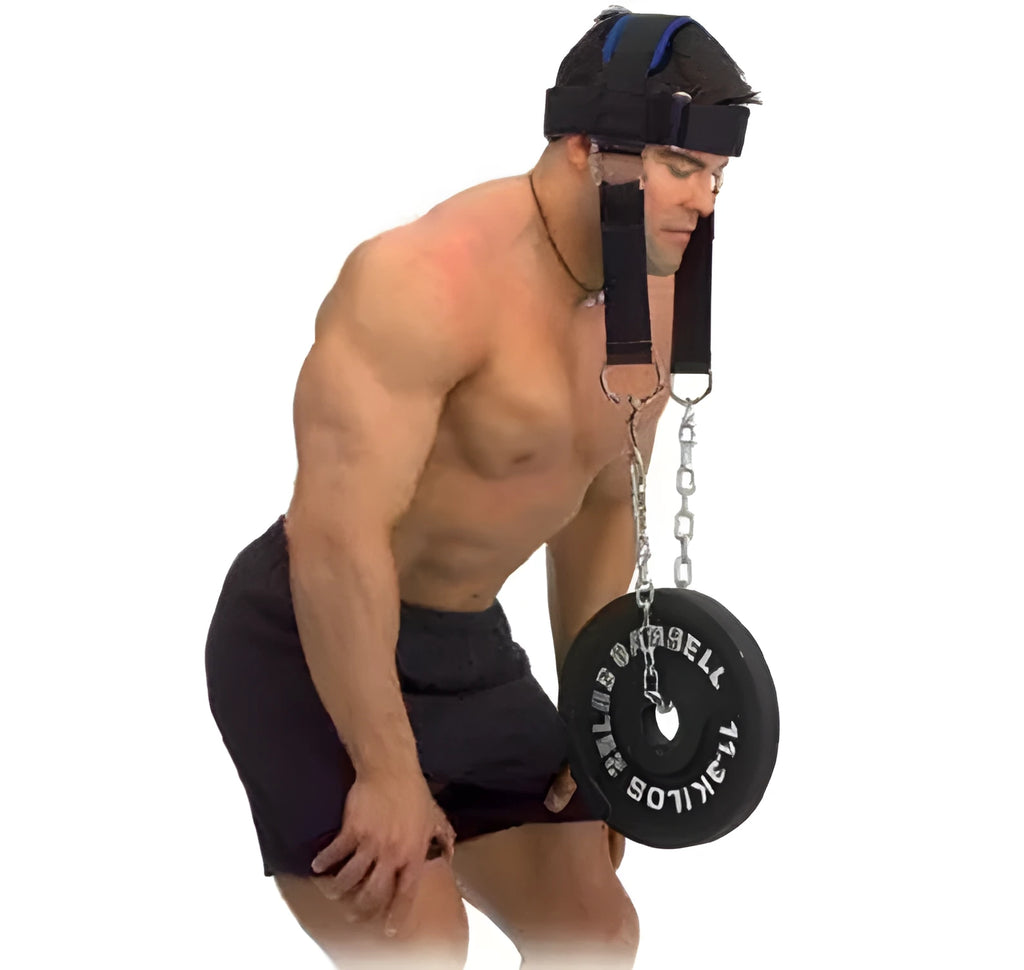 Black head and neck trainer harness with adjustable straps for shoulder and neck strength training