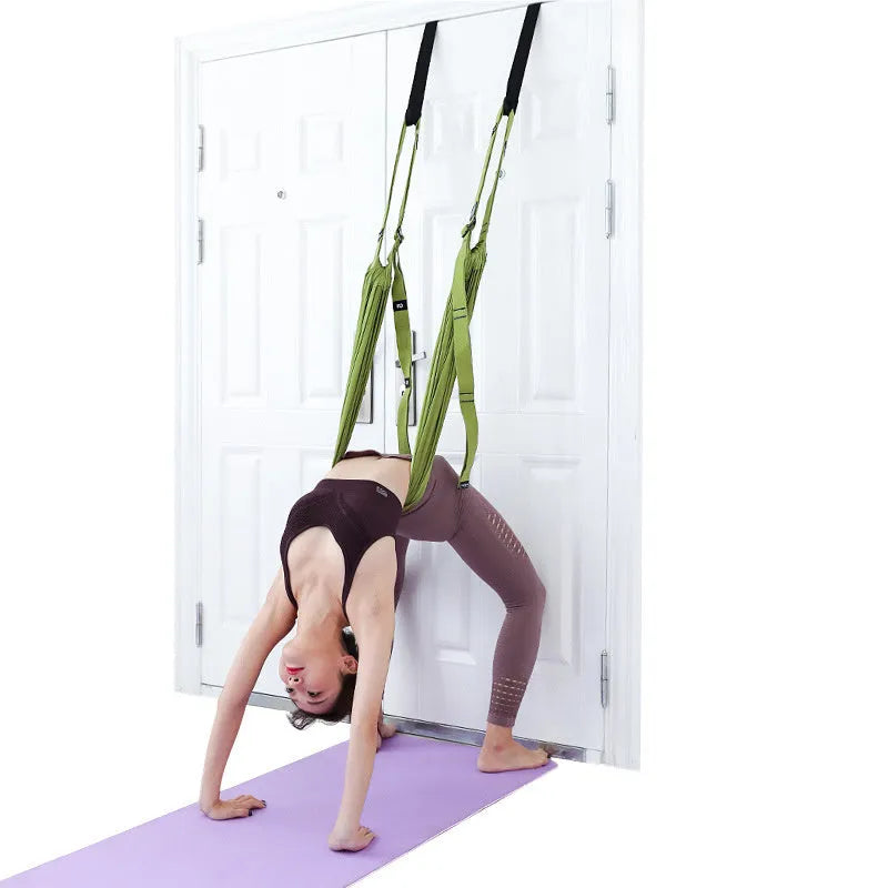 Yoga hammock strap in green with door anchor for inversion and stretching exercises, 660lbs capacity
